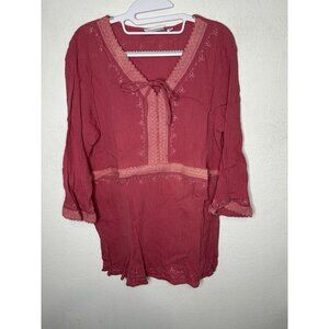 Denim & Co. Crinkle Gauze Tunic with Crochet Trim Dark Rose Shirt Size Large